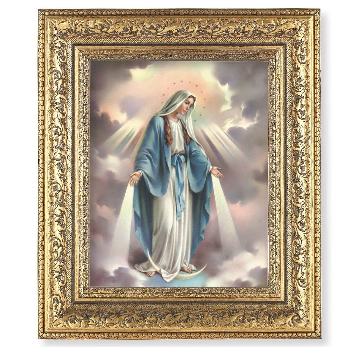 Our Lady of Grace Picture, 12-1/2"x14-1/2, Antique Gold Leaf Carvings Ornate Frame, Italian Print Under Glass # 25460
