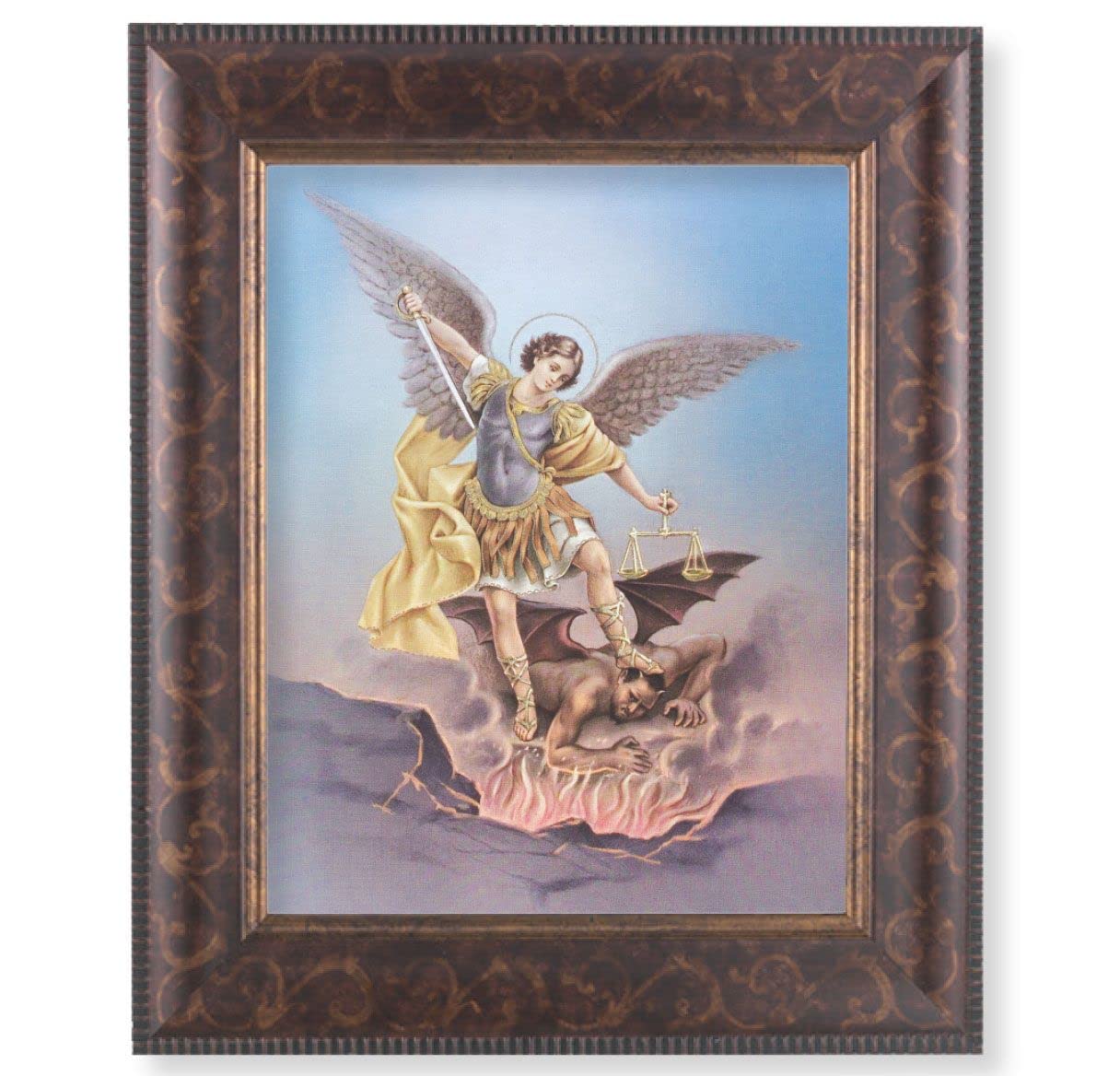 St. Michael Picture, 11-1/4"x13-1/4, Antique Gold & Espresso Frame, Italian Print Under Glass # 25869