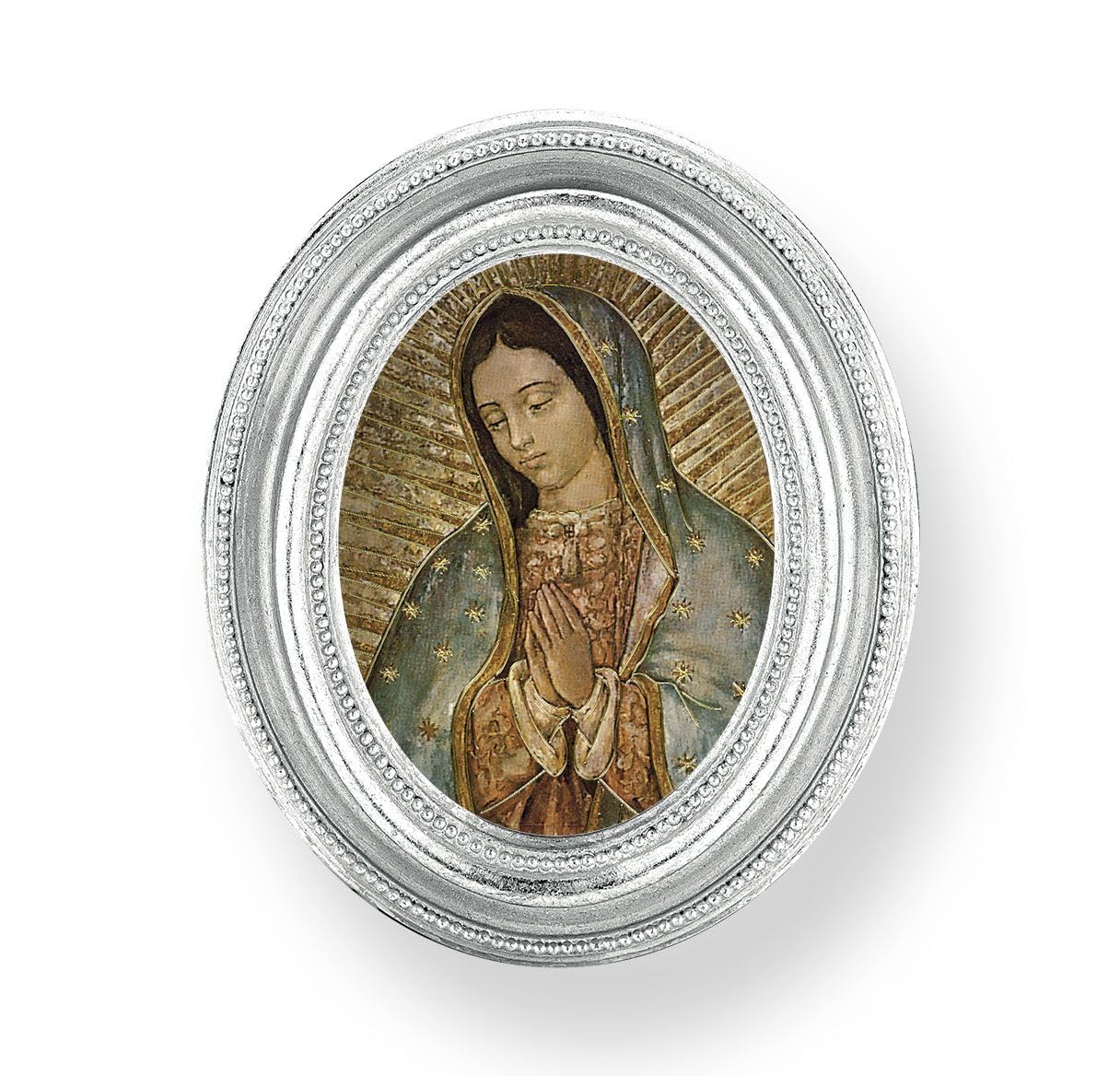 Our Lady of Guadalupe Picture, Silver Finish 3-3/4"x4-1/2 Oval Frame, Exclusive Gold Stamped Print Under Glass # 28449
