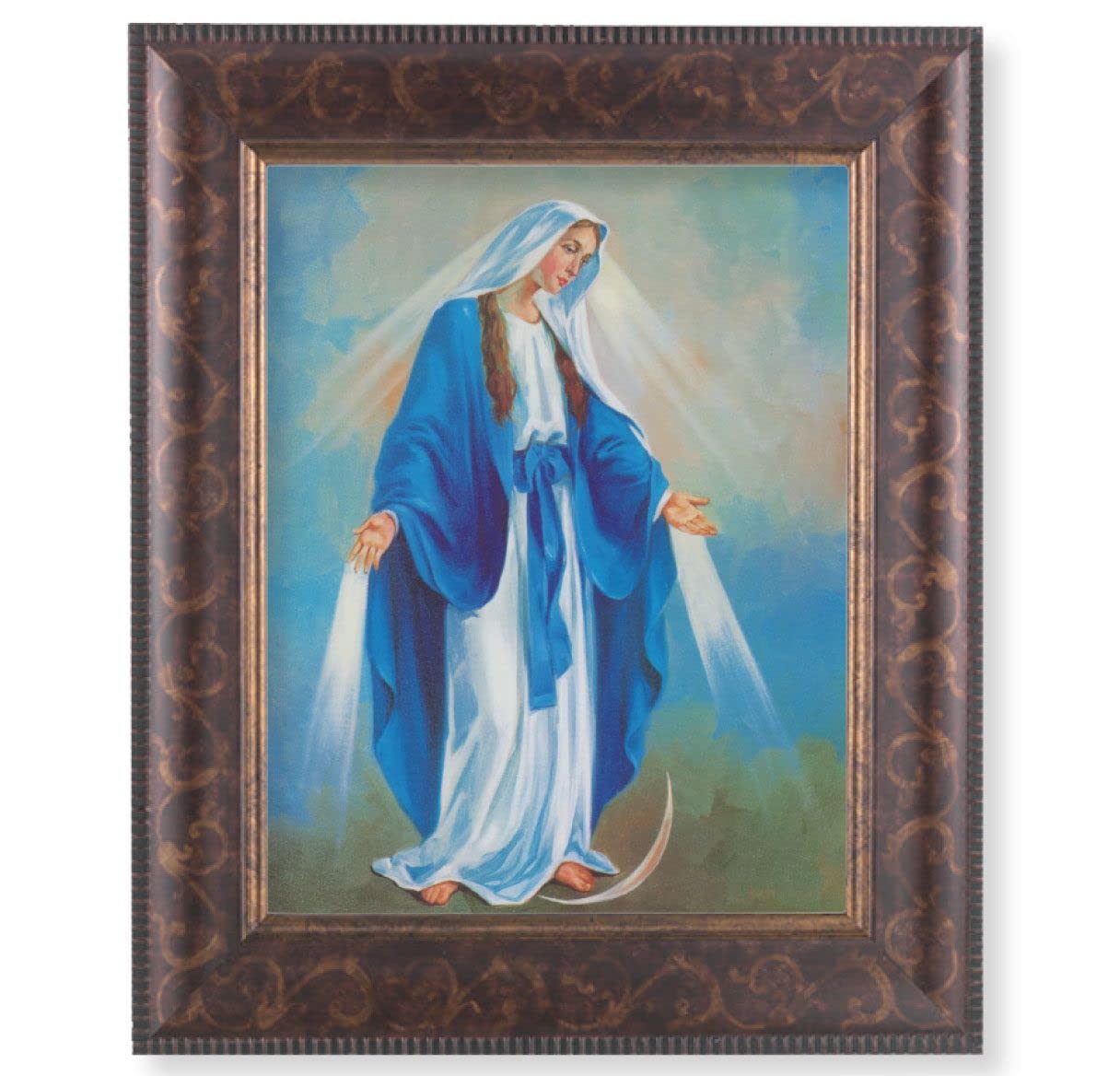 Our Lady of Grace Picture, 11-1/4"x13-1/4, Antique Gold & Espresso Frame, Italian Print Under Glass # 25936