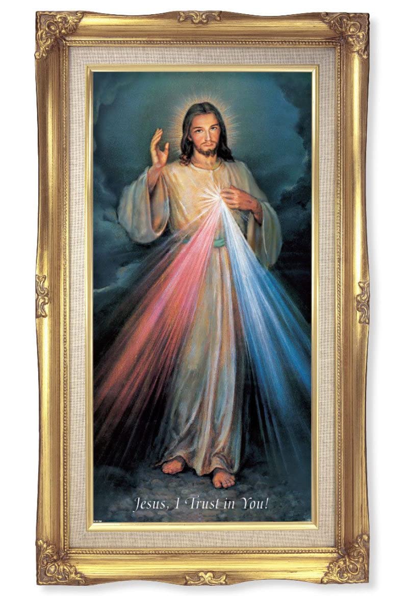 Divine Mercy Picture, 14"x24" Gold Finished Curved Wood Frame, Textured Italian Print # 22046