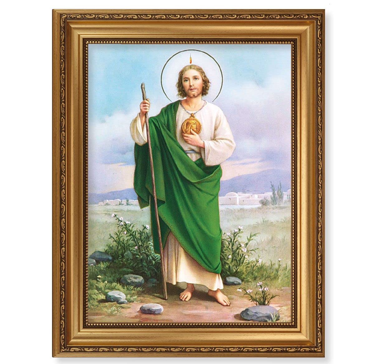 Saint Jude Picture, 15-1/2"x19-1/2 Antique Gold Leaf Frame, Acanthus-Leaf Trim, Beaded Lip, Textured Italian Print # 22196
