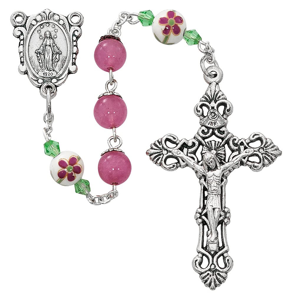 Rosary with Pink Glass & Floral Ceramic Beads, Silver Oxide Center and 2-1/8" Crucifix # 21223