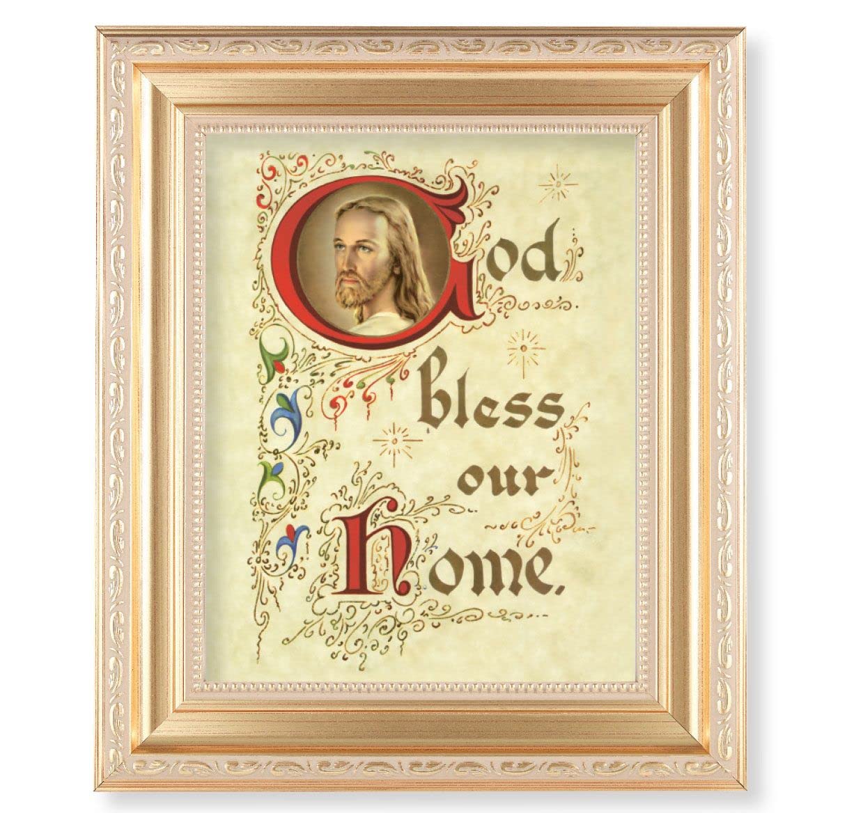 God Bless Our Home, 11.5"x13.5" Satin Gold Frame, Distressed Finish with Scrollwork, Italian Print Under Glass # 26481