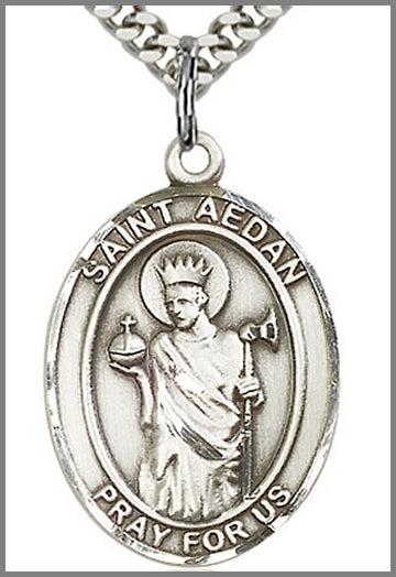 St. Aedan of Ferns Medal, Sterling Silver, 1"x3/4", Your Choice of Chain, # 70418