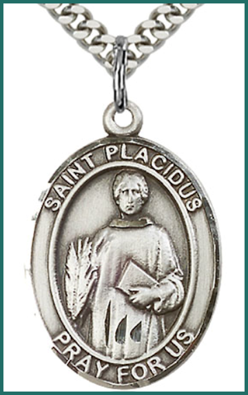 Sterling Silver Medal, 1" x 3/4", St. Placidus, Your Choice of Chain, # 70458