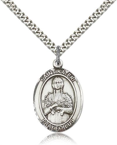 Sterling Silver 1"x3/4" Medal, Kateri Tekakwitha, Your Choice of Chain, # 98621