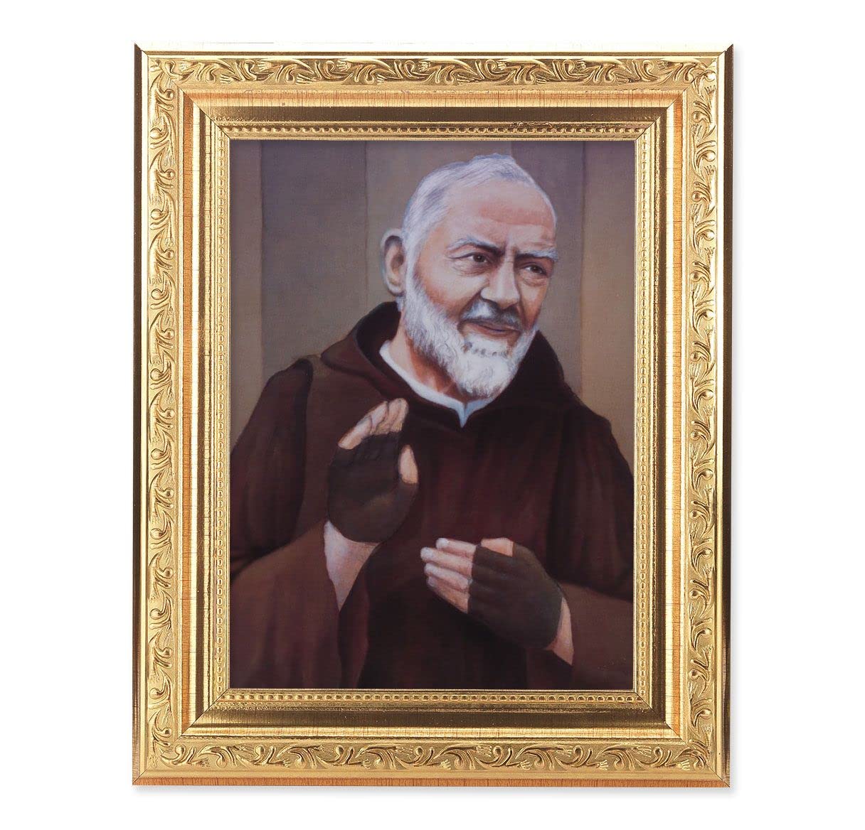 St. Padre Pio Picture, 8-1/4"x10-1/4 Gold-Leaf Finish Acanthus Leaf Detail Under Glass # 27752