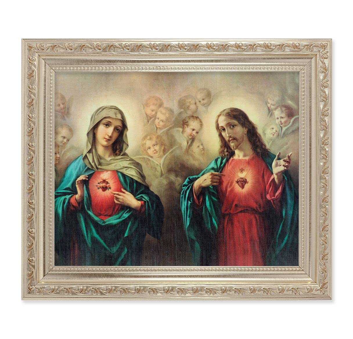 The Sacred Hearts, 10"x12" Antique Silver & Carved Scrollwork Frame, Italian Print Under Glass # 26810