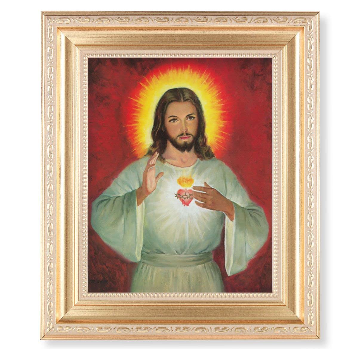 Sacred Heart of Jesus Picture, 11.5"x13.5" Satin Gold Frame, Distressed Finish with Scrollwork, Italian Print Under Glass # 26539