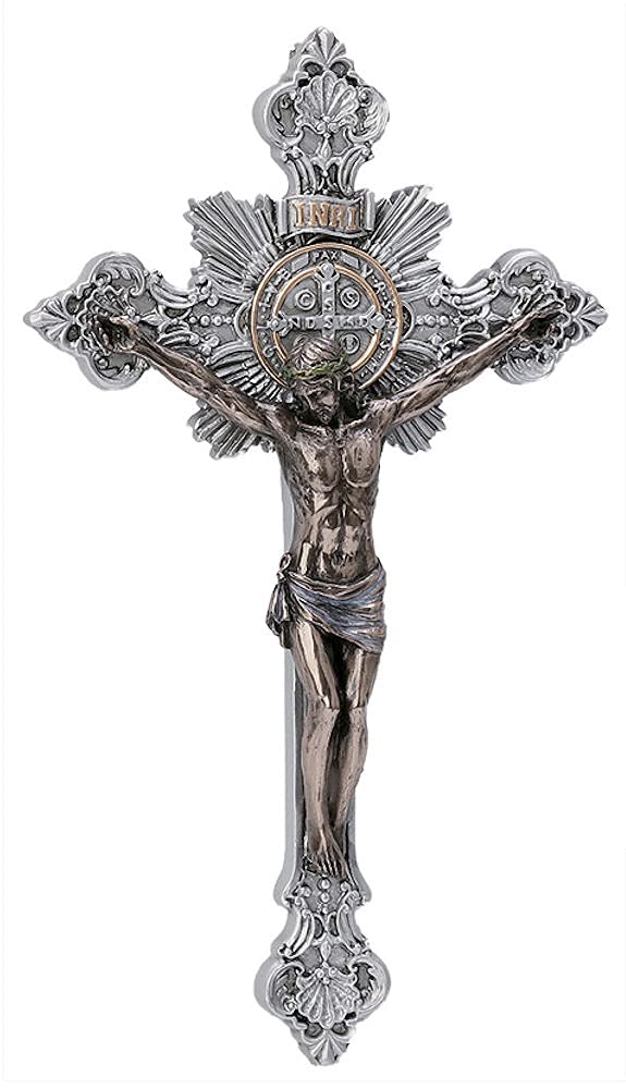 7-3/4" St. Benedict Crucifix, Bronze Finish Resin w/ Pewter Finish Cross, # 17892