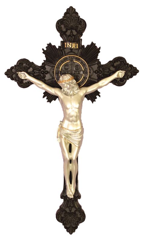 14" St. Benedict Crucifix, Blackened Resin w/ Pewter Finish Figure, # 7344