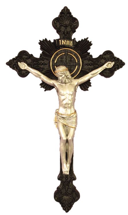 7-3/4" St. Benedict Crucifix, Blackened Resin w/ Pewter Finish Figure, # 7345