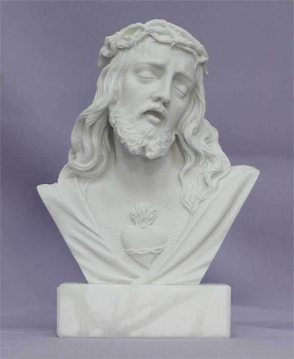 Sacred Heart of Jesus bust in white alabaster and resin with base, 5". Made in Italy., # 7368