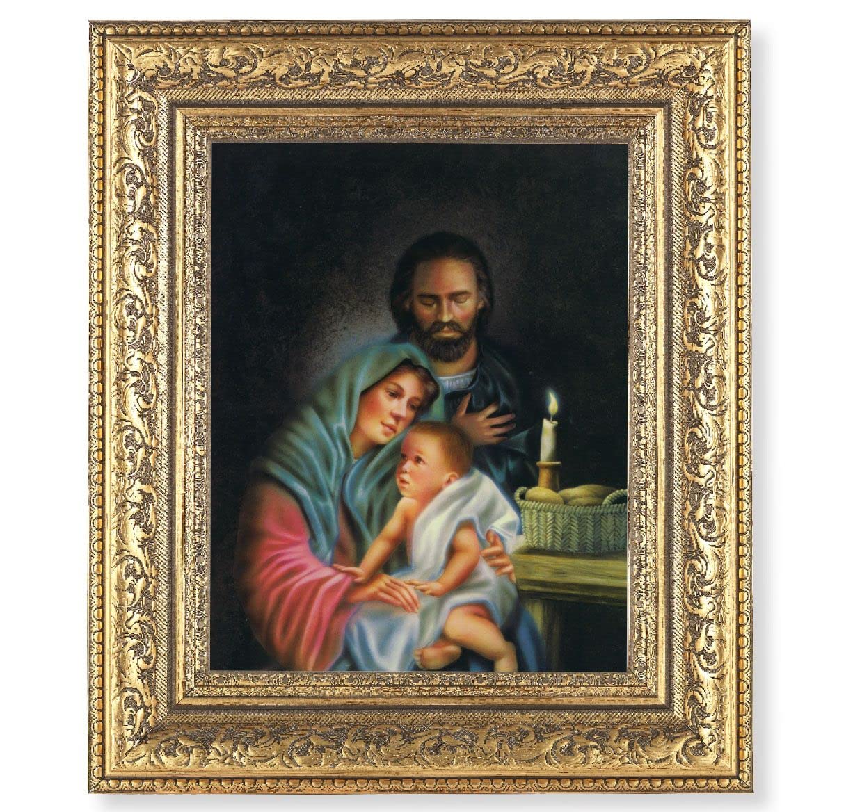 The Holy Family Picture, 12-1/2"x14-1/2, Antique Gold Leaf Carvings Ornate Frame, Italian Print Under Glass # 25576