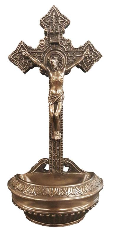 9" Crucifix Holy Water Font, Cold Cast Bronze, Stands or Hangs, #74