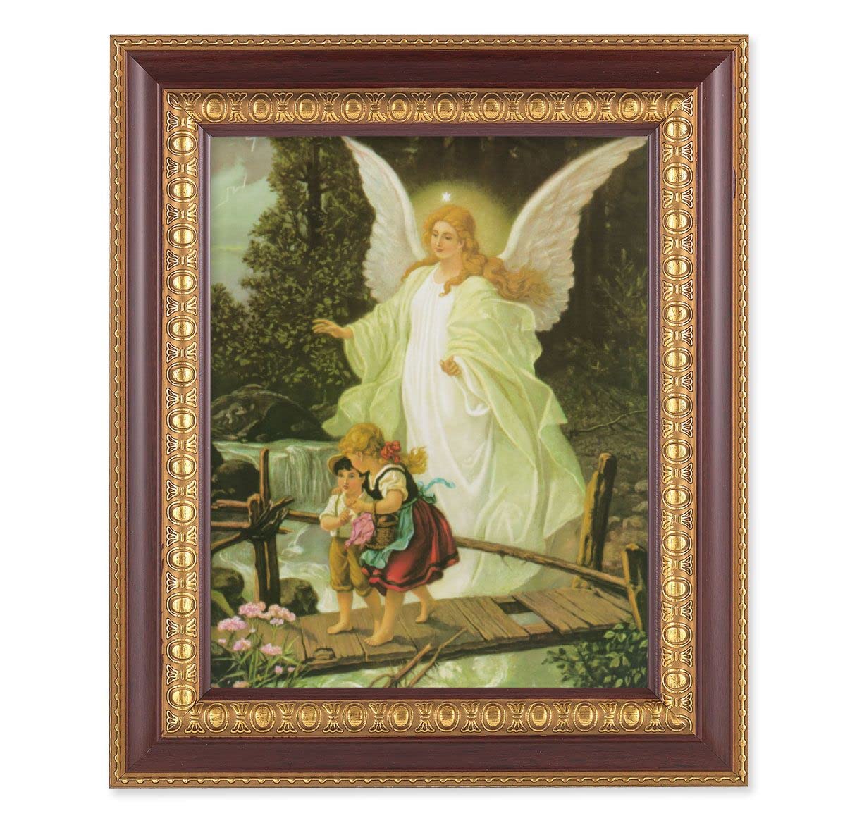 Guadian Angel with Children, 11-1/2"x13-1/2, Cherry Finish with Gold Egg & Dart Frame, Italian Print Under Glass # 26101