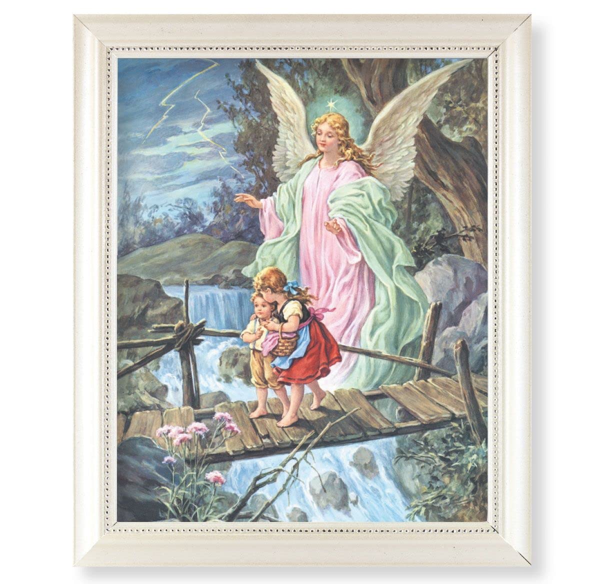 Guardian Angel with Children on Bridge Picture, Pearlized White 9-1/2"x11-1/2 Frame, Beaded Lip, Under Glass # 28098