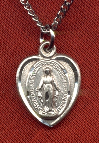Miraculous Medal, Heart - Shaped, 1/2", Sterling, Your Choice of Chain # 760