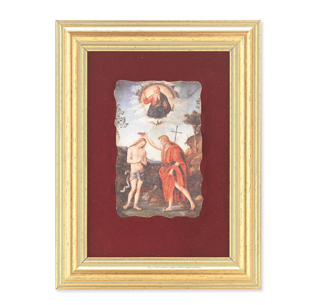 Baptism of Jesus Picture, Antique Gold 5" x6-1/2 Frame, Image Centered On Burgundy Velvet Matting # 28134