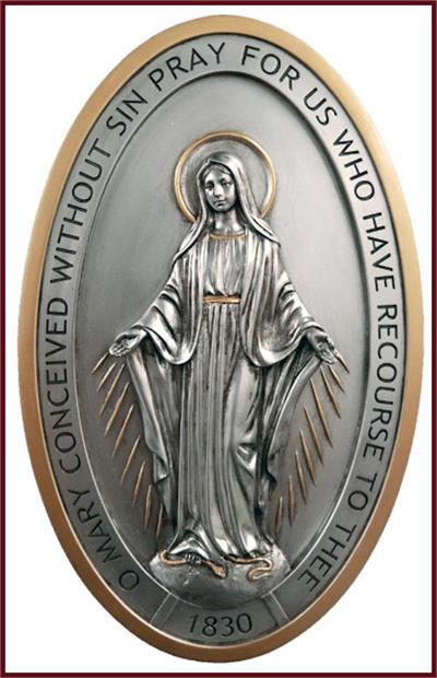 8" Miraculous Medal Plaque, Pewter Finished Resin, # 7724|
