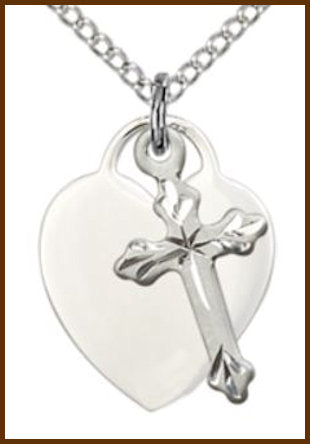 Heart & Cross Medals in Sterling Silver, 5/8", Your Choice of Chain, # 7727