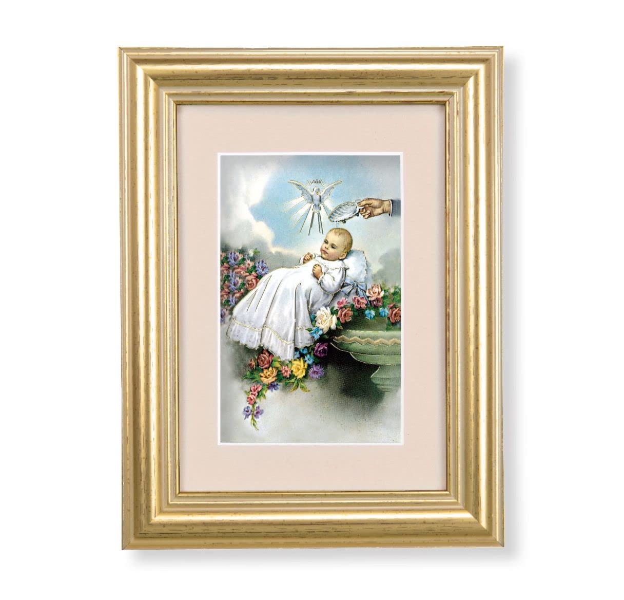 Baby Baptism Picture, 5"x6.5" Antique Gold Fluted Frame, Behind Cream Velvet Matting # 28249