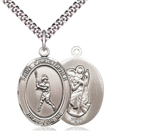 Baseball / St. Christopher Medal, Sterling Silver, 3/4", Your Choice of Chain, # 7843