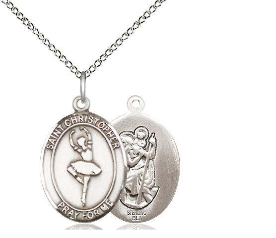 Dance / St. Christopher Medal, Sterling Silver, 3/4", Your Choice of Chain, # 7849