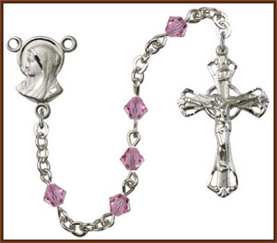 Silver Plate 5mm Rundell Swarovski Rosary, Rose, # 7876
