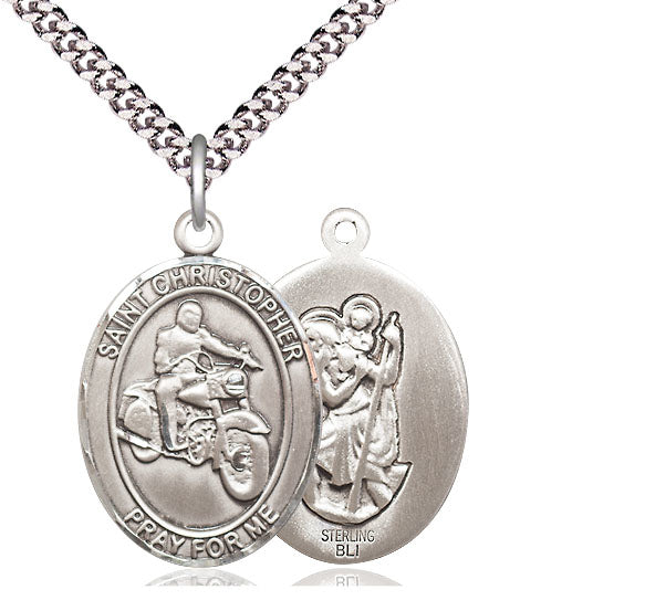 Motorcycle / St. Christopher Medal, Sterling Silver, 3/4", Your Choice of Chain, # 7884