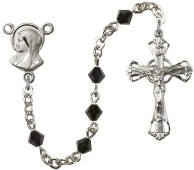 Silver Finish 5mm Rundell Swarovski Rosary, Jet, # 7892