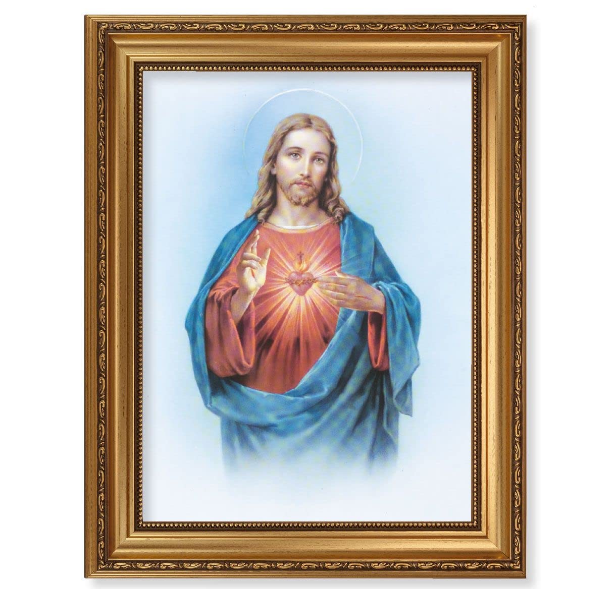 Sacred Heart Picture, 15-1/2"x19-1/2 Antique Gold Leaf Frame, Acanthus-Leaf Trim, Beaded Lip, Textured Italian Print # 22164