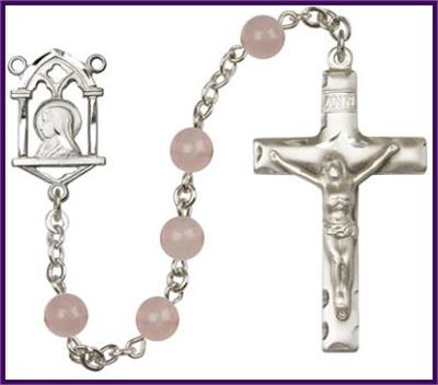 6mm Pink Quartz Bead Rosary, Silver Finish, # 7918