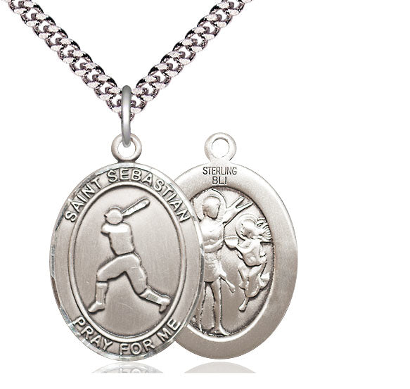 Baseball / St. Sebastian Medal, Sterling Silver, 3/4", Your Choice of Chain, # 7945