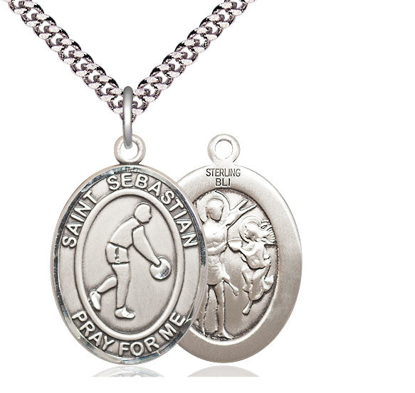 Basketball / St. Sebastian Medal, Sterling Silver, 3/4", Your Choice of Chain, # 7946