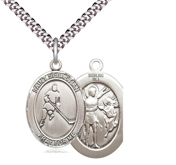Ice Hockey / St. Sebastian Medal, Sterling Silver, 3/4", Your Choice of Chain, # 7974