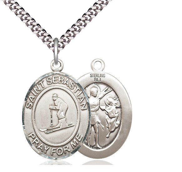 Skiing / St. Sebastian Medal, Sterling Silver, 3/4", 18" Chain, # 7997-sale