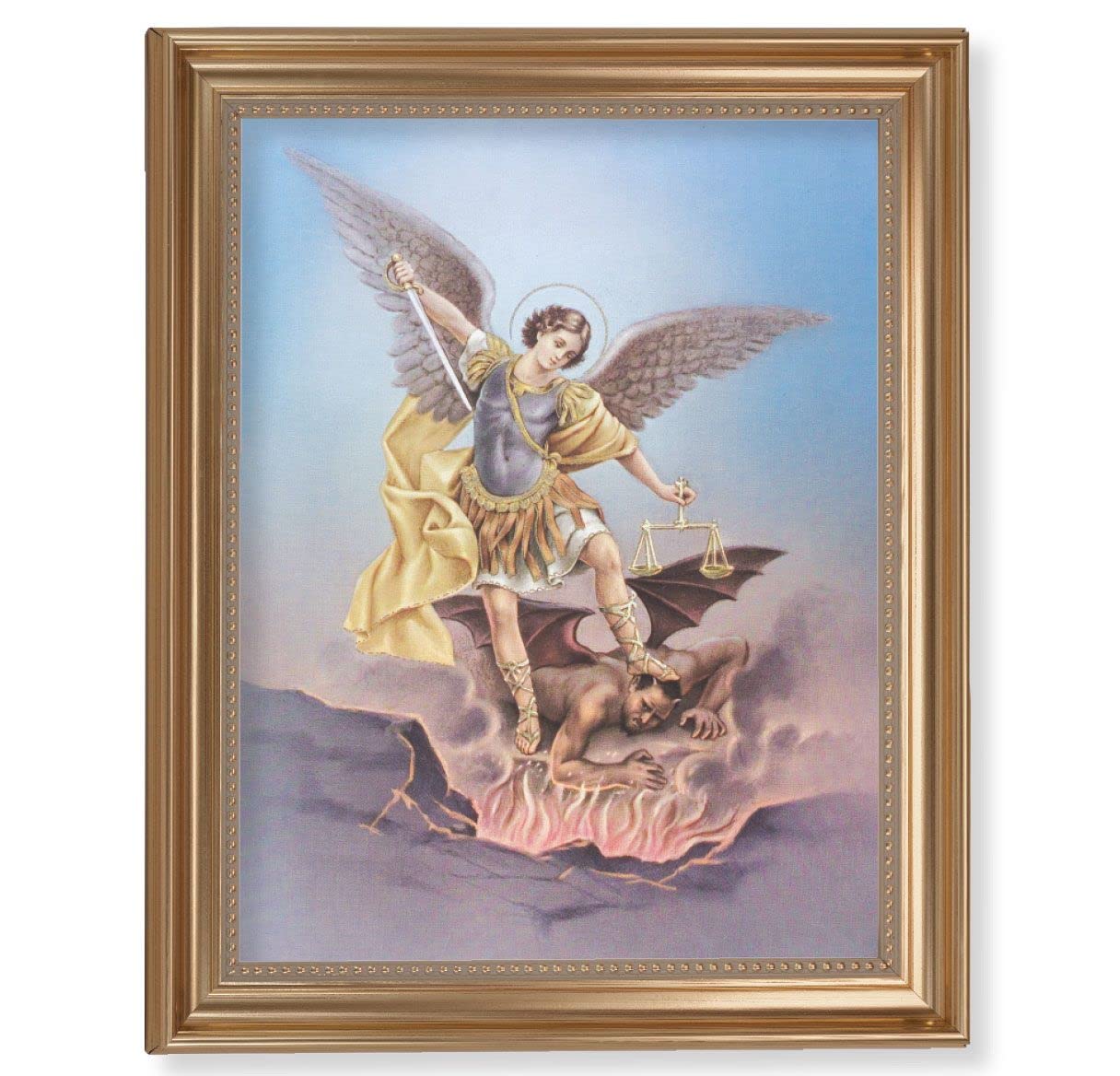 Saint Michael Picture, 13-1/2"x16-9/16 Gold-Leaf Fluted Frame with Beaded Lip, Textured Italian Print # 25299