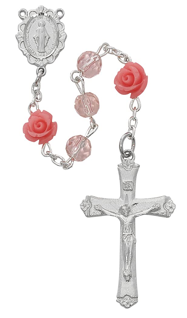 Miraculous Rosary, 6mm Pink Glass Beads & Pink Roses, Rhodium Plated Pewter Center and 1-1/2" Crucifix # 21217