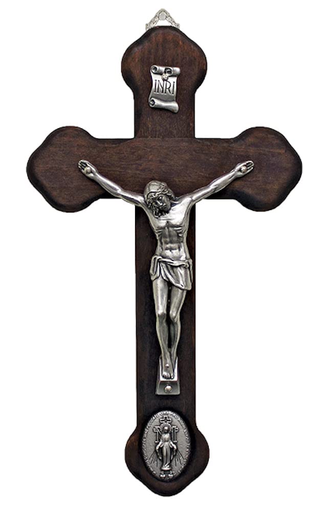 Miraculous Medal Medallion Crucifix, Metal Figure on Wood Cross, 8.75", Made in Italy, # 21163