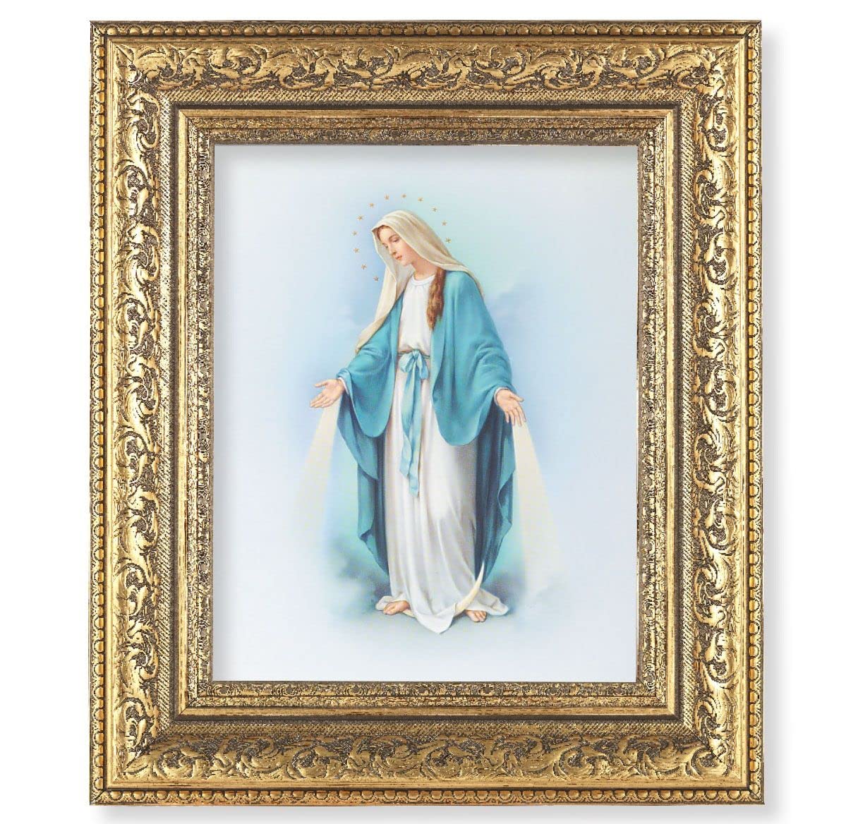 Our Lady of Grace Picture, 12-1/2"x14-1/2, Antique Gold Leaf Carvings Ornate Frame, Italian Print Under Glass # 25462