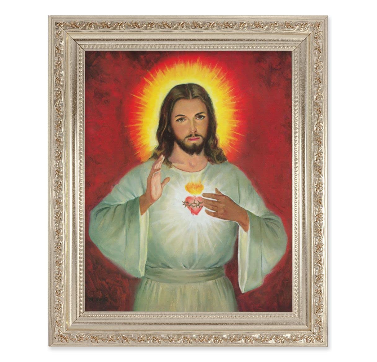 Sacred Heart of Jesus Picture, 10"x12" Antique Silver & Carved Scrollwork Frame, Italian Print Under Glass # 26926