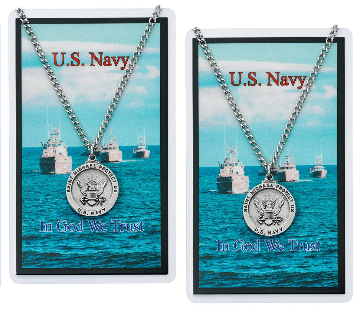 Navy Pewter Medal with Laminated Holy Card, 24" Silver Tone Chain, 2-count Pack. # 21349