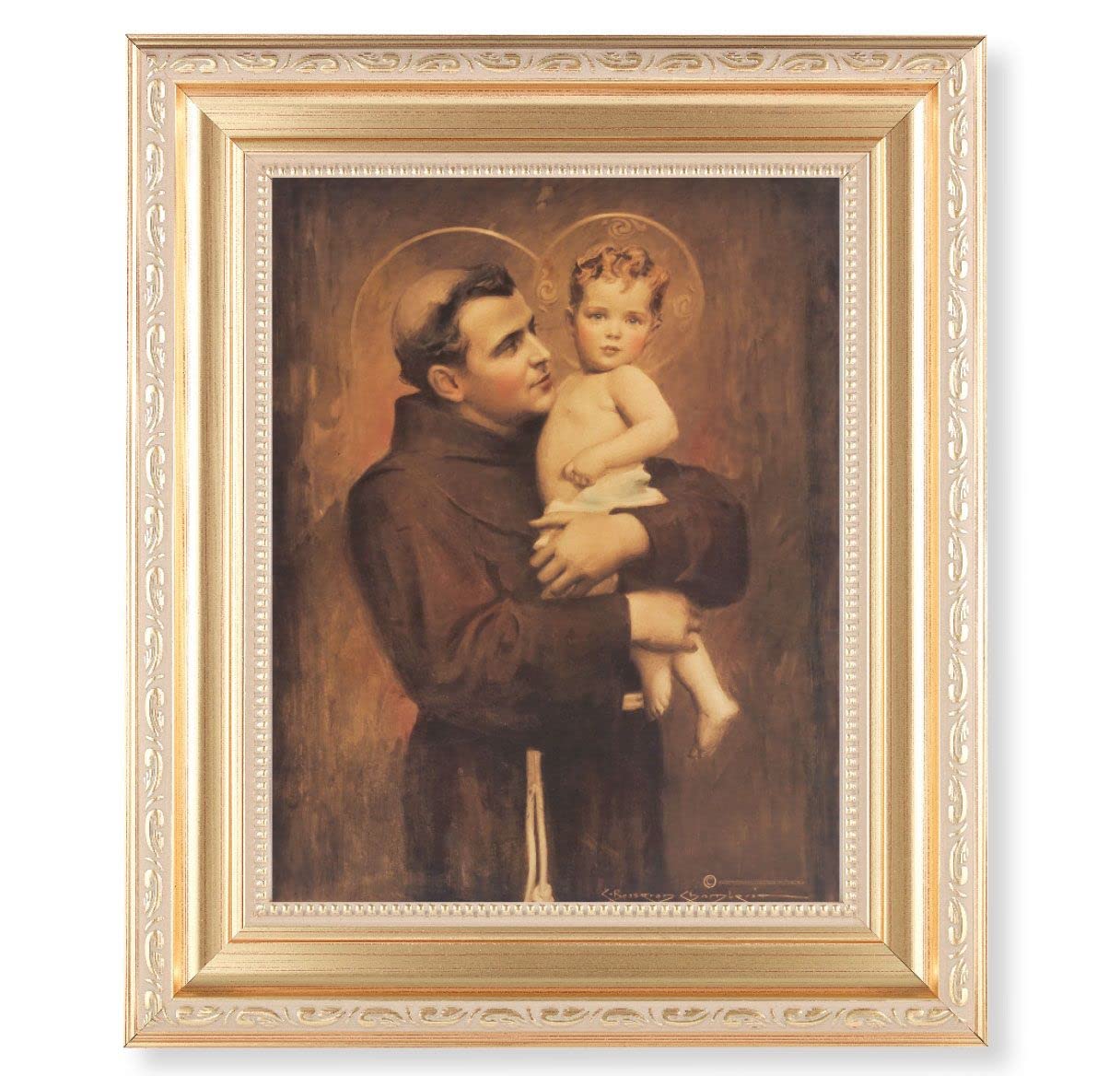 Chambers: St. Anthony & Child Jesus, 11.5"x13.5" Satin Gold Frame, Distressed Finish with Scrollwork, Italian Print Under Glass # 26517