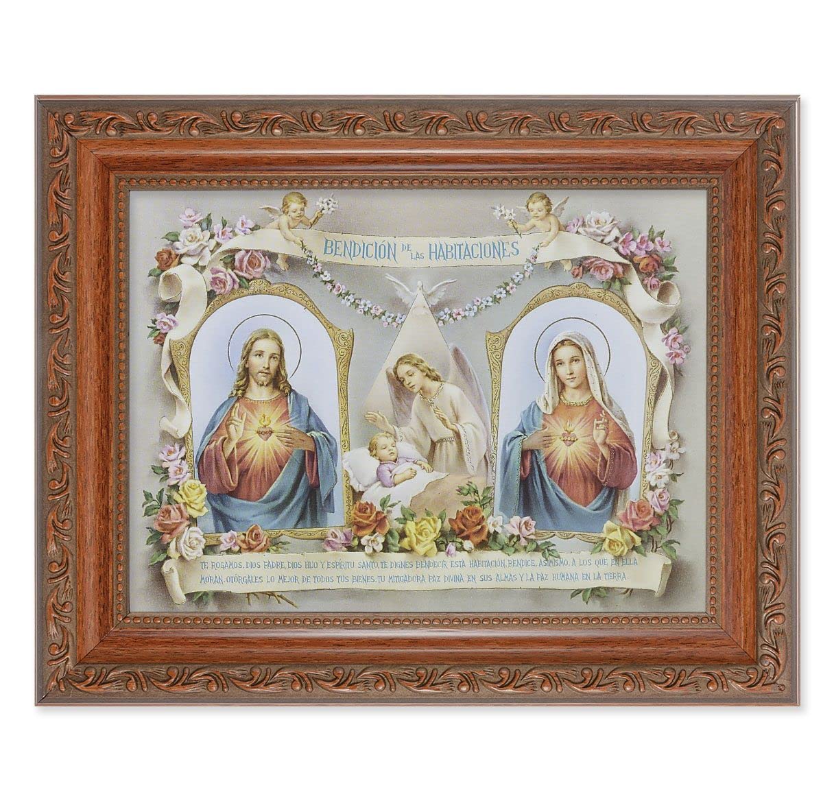 Spanish Baby Room Blessing Picture, 8-1/4"x10-1/4 Mahogany Finish with Acanthus Leaf Detail Under Glass # 27844