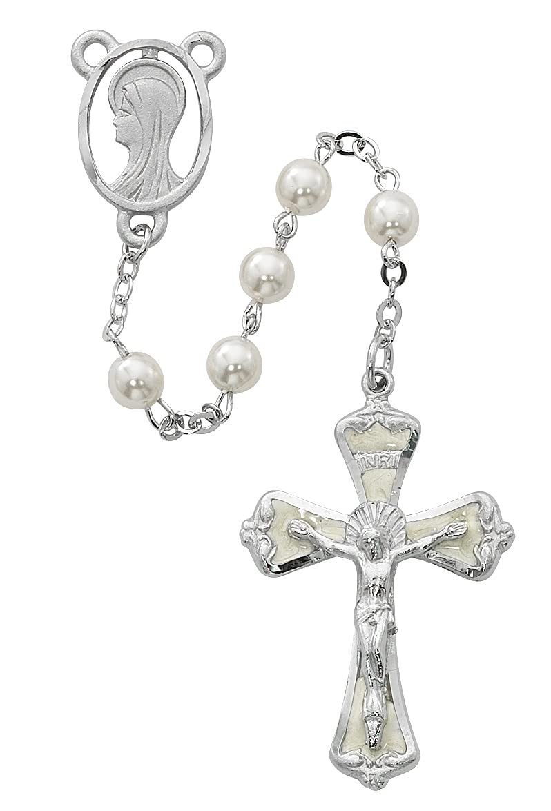 Mother Mary Rosary, 6mm Pearl Glass Beads, Rhodium Plated Pewter Center and 1-3/4" Crucifix # 21207
