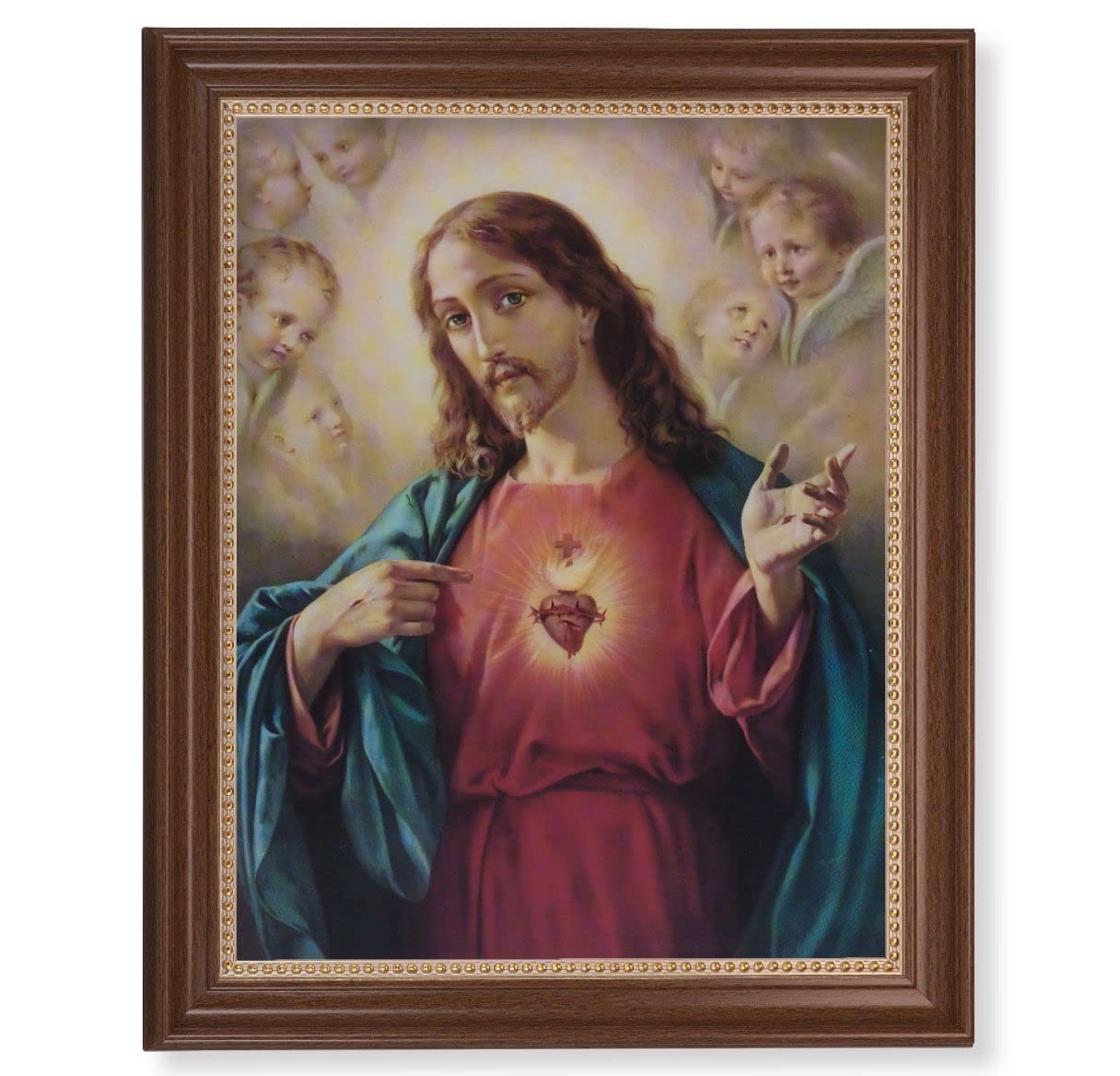 Sacred Heart Picture, 13-1/2"x16-9/16 Walnut Finish Frame with Gold Beaded Lip, Textured Italian Print # 22269