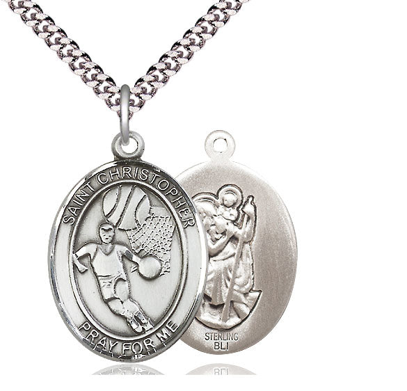 Basketball / St. Christopher Medal, Sterling Silver, 3/4", Your Choice of Chain, # 8015