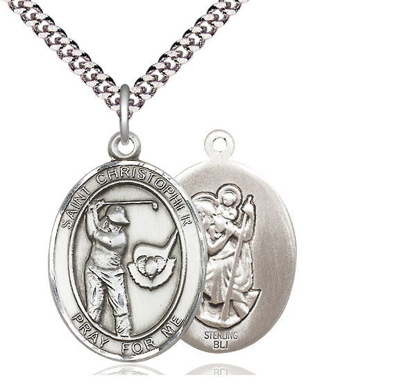 Golf / St. Christopher Medal, Sterling Silver, 3/4", Your Choice of Chain, # 8021